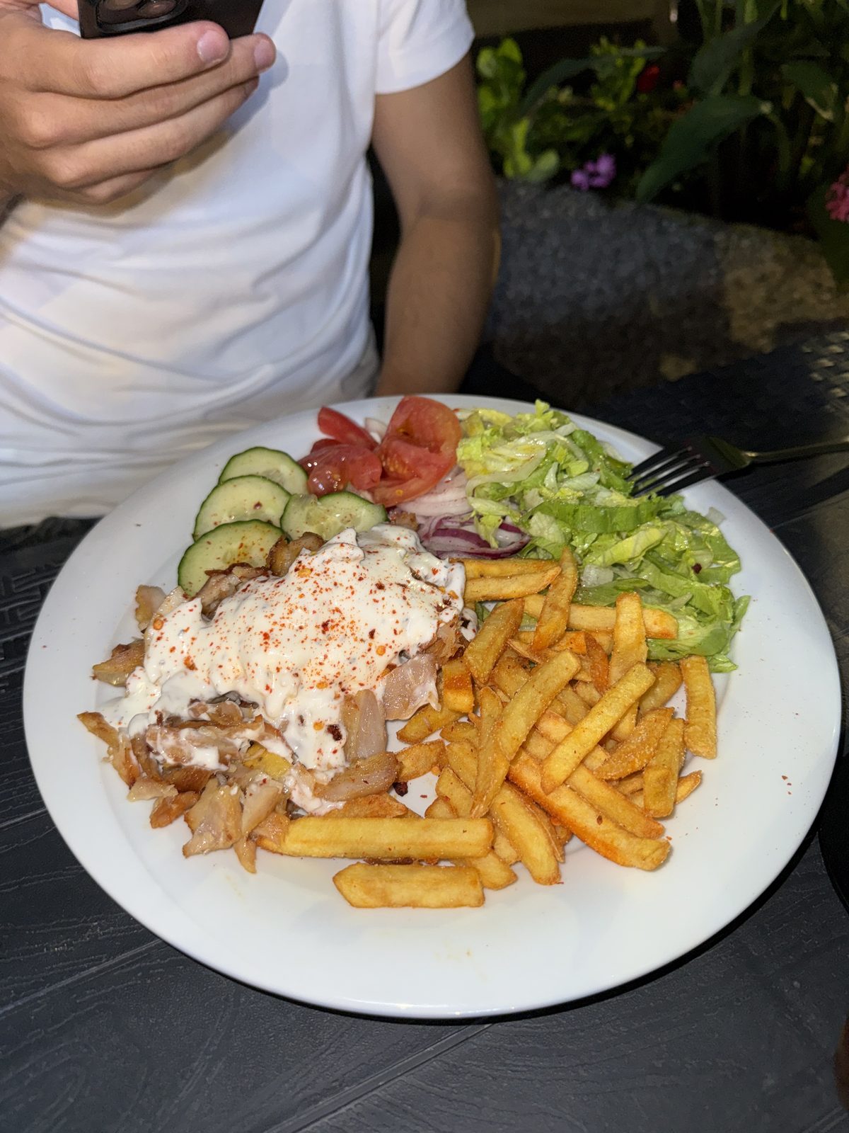 Kebap-Teller mit Pommes, frischem Salat und Sauce